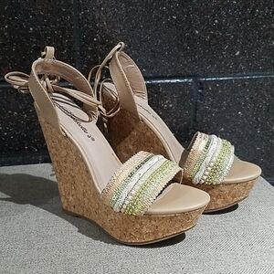 TAN NEUTRAL BEADED SANDAL CORK WEDGES ANKLE STRAPS
